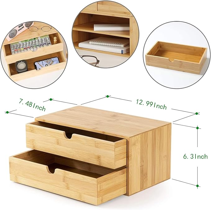 Wisuce Bamboo Desk Drawer Organizer, Desktop Organizer with Drawers Tabletop Storage Organization Box for Office Home Toiletries Supplies Vanity, No Assembly Required(2 Drawers)