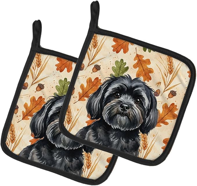 Caroline's Treasures Black Lhasa Apso Heirloom Fall Pair of Pot Holders Pair 7.5x7.5 Quilted Insulated Hot Pads Decorative Kitchen Gift Made in USA