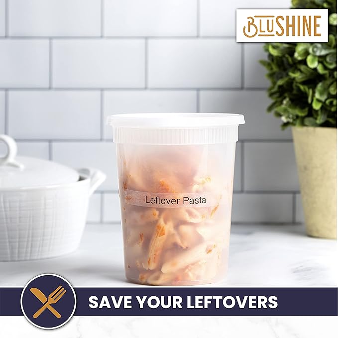 BluShine [24 Sets] 32 oz. Plastic Deli Food Storage Containers with Airtight Leak Proof Lids - Reusable - Microwave, Fridge, and Freezer Safe