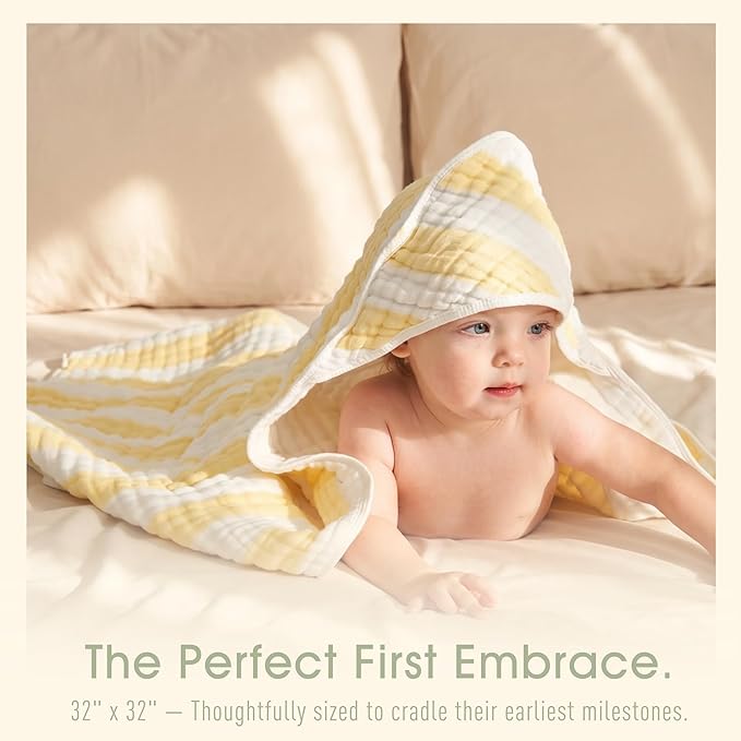 4-Pack Muslin Hooded Baby Bath Towel Set - 100% Organic Cotton, (2) 6-Layer 32x32 Towels & (2) Washcloths, Newborn & Infant Gift Set (Yellow Striped & White)