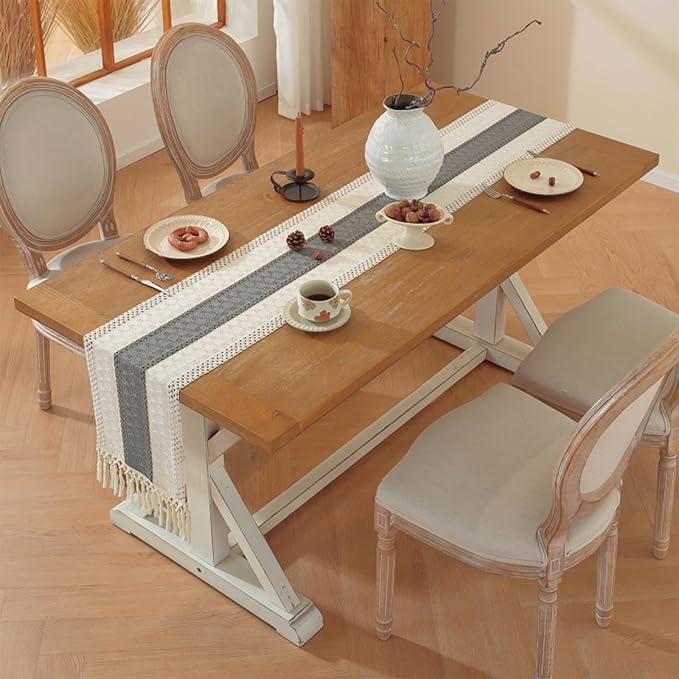Niviy Grey Table Runner 72 Inches Long with Tassels, Seasonal Spring Summer Washable Embroidered Striped Braided Grey and Beige Boho Table Runners for Holiday Party 12 x 72 Inches