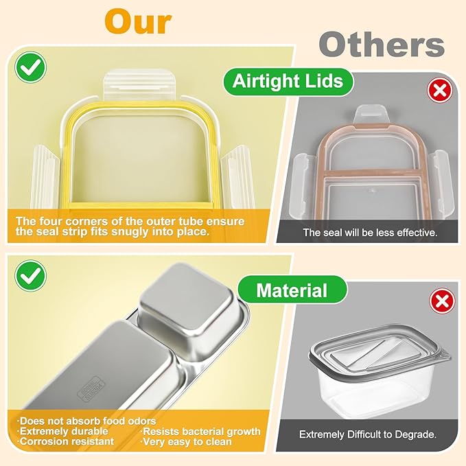 Stainless Steel Snack Containers with Lids,(2Pack) 2 Compartment Snackle Box Airtight Leakproof, Reusable Bento Box Food Storage Containers for Lunch Travel Picnics Office