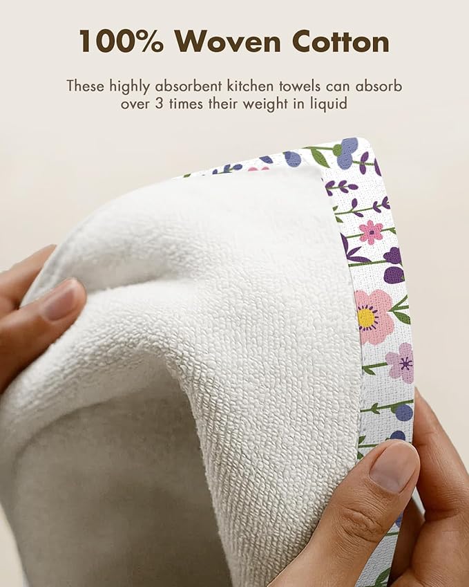 Miss Adola Cotton Kitchen Towels Set of 2 - Cute Design 16×26 Inch Dish Towels for Kitchen with Hanging Loop Purple Flower Quick Dry Hand Towels Soft & Absorbent, Terry Cloth Decorative Tea Towels