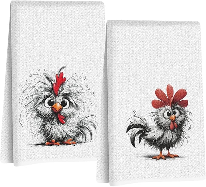 Jztco 2 Pcs Funny Chicken Kitchen Towels 24x14 Inch, Chickens Gifts Absorbent Hand Tea Towel, Waffle Dish Towels for Kitchen Home Decor, Chicken Lover Gifts for Women Mom