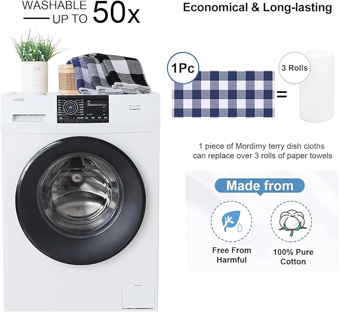 Mordimy 100% Cotton Waffle Weave Kitchen Towels, 13 x 28 Inches, Super Soft and Absorbent Buffalo Check Dish Towels for Drying Dishes, 4-Pack, White & Navy Blue