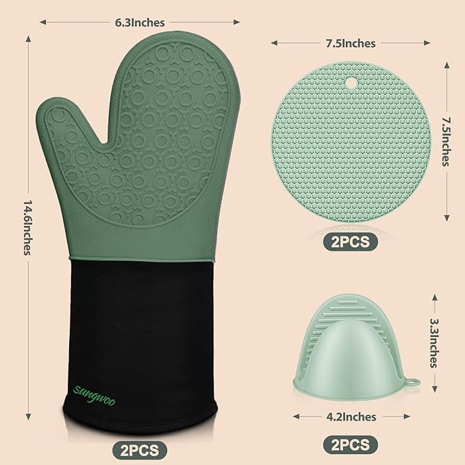 sungwoo 6pcs Silicone Oven Mitts and Pot Holders Sets, 14.6 Inch Heat Resistant Oven Gloves with Quilted Liner Non-Slip Textured Grip Perfect for BBQ, Baking, Cooking and Grilling Green