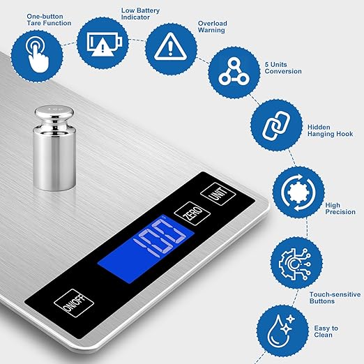 Food Scale, 22lb Digital Kitchen Scale with 1g/0.1oz Accuracy, 5 Units (g/kg/lb:oz/ml/fl.oz), Backlit LCD, 9x6.3x0.8 Inch Stainless Steel Panel, Hidden Hook, Batteries Included