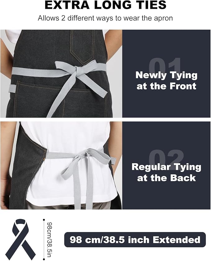 Womens Apron with Pockets Adjustable Shoulder Strap,Aprons for Men 38.5" Extra-Long Straps Fit More Body Types,Chef Apron for Kitchen Garden Barbecue Woodworking(Black)