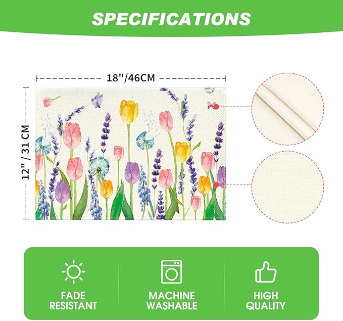 Artoid Mode Lavender Tulip Spring Placemats for Dining Table, 12 x 18 Inch Summer Seasonal Holiday Decoration Rustic Vintage Washable Table Mats Set of 4