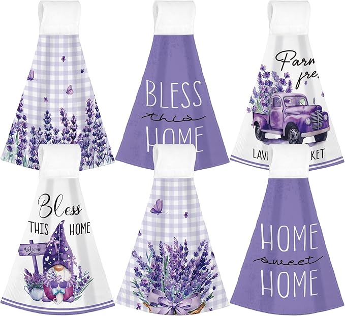 Tegeme 6 Pcs Hanging Kitchen Towels with Loop, Absorbent Hand Tie Towels Microfiber Decorative Fast Drying Kitchen Hanging Towel for Home Bathroom(Lavender)