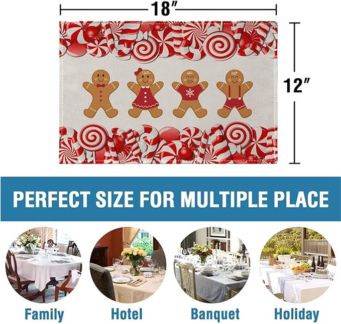Ansouyi Placemats Set of 6, Christmas Candy Cane and Gingerbread Man Washable Heat Resistant Linen Table Mats, Kitchen Decor Non-Slip Place Mats for Party Dining, 12x18 Inch