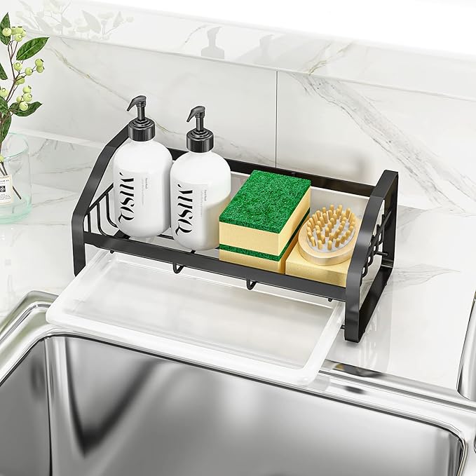 BSKSSK Sink Caddy, Sponge Holder for Kitchen and Bathroom, 304 Stainless Steel Countertop Organizer Soap Tray With Removable Drain Tray - Black Length Version
