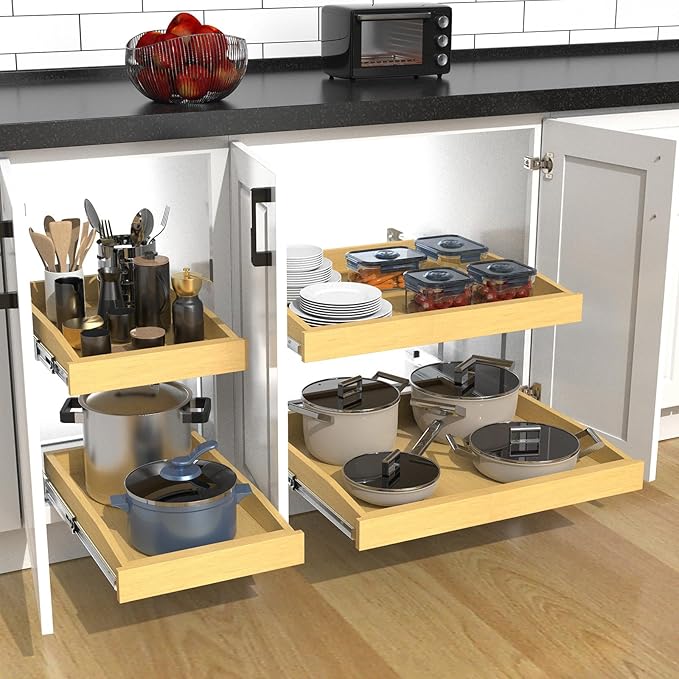 2 Tier Pull Out Cabinet Organizer, 20"W x 21"D Solid Wood Heavy-Duty Base Bottom Assembly Slide out Drawer Shel Cabinet Organization for Kitchen, Pantry, Bathroom
