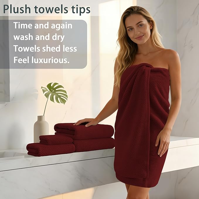 VOOVA & MOVAS 3 Piece Towel Set - 100% Cotton | Quick Dry | Soft | Thick,1 Large Bath 30" x 56", 1 Hand 18" x 28", 1 Wash Cloth 13" x 13", Towels for Bathroom, Bathroom Towels Gift, Burgundy