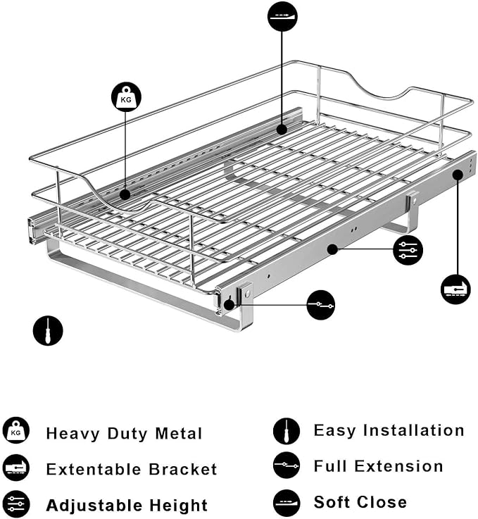 Pull Out Cabinet Organizer, (11½"W x 20" D), Soft Close Pull Out Cabient Drawer, Slide Out Cabient Organizer for pot and pan Kitchen Base Cabinet, Pantry Organization, Bathroom, Wire Basket