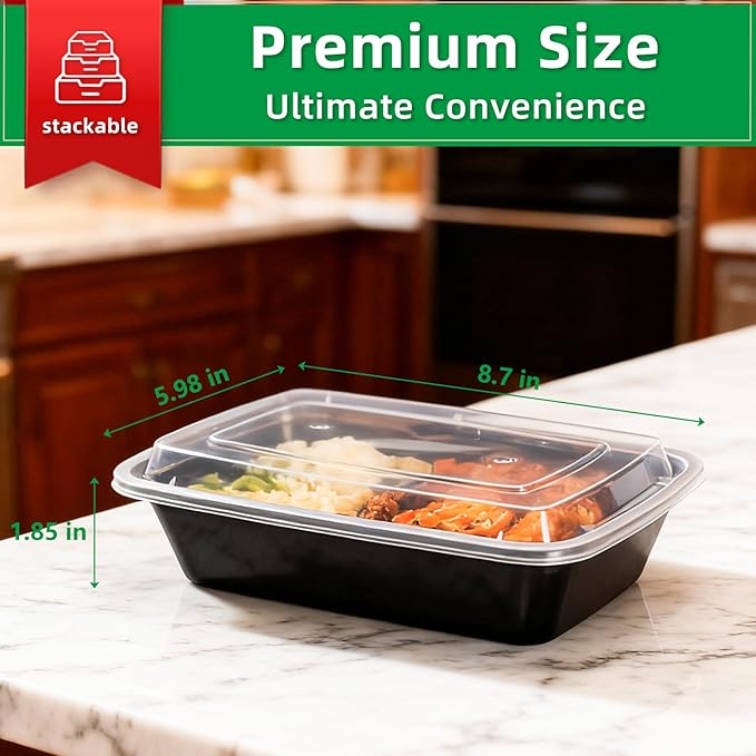 Meal Prep Containers Reusable 15 Pack-32 oz Food Storage Containers with Lids To Go Food Containers Takeout with 15 Forks, Microwave Dishwasher Freezer Safe, BPA Free, Plastic (Black)