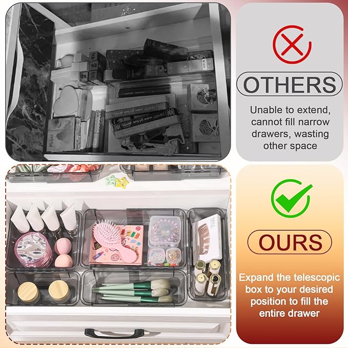 8 PCS Black Expandable Drawer Organizer, Large Drawer Organizers and Storage, Vanity Dividers, Acrylic Storage Bins for Makeup, Jewelry Gadgets for Kitchen, Bedroom, Bathroom, Office