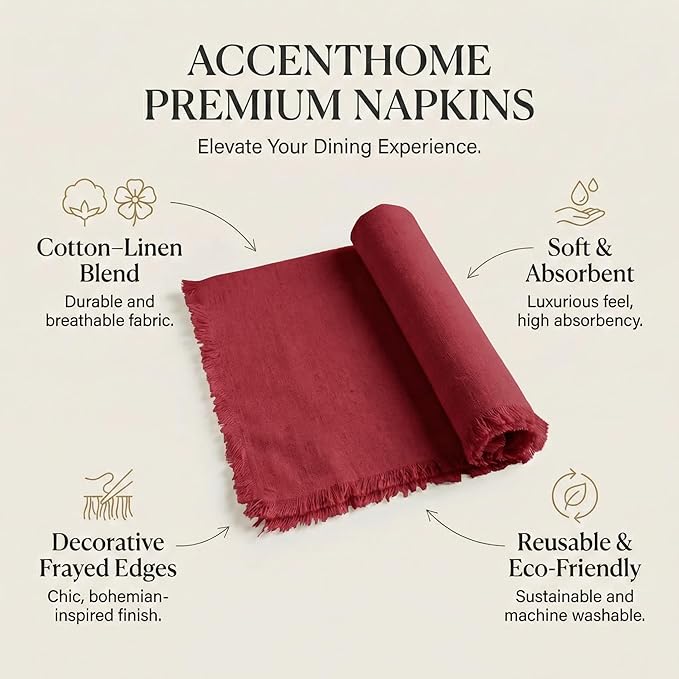 ACCENTHOME Red Cotton Linen Napkin Set of 12 18x18 inch Dinner Napkins - Washable Soft Premium Hotel Quality Reusable Hemmed Edges Napkins Perfect Table Linens for Family Dinners, Weddings