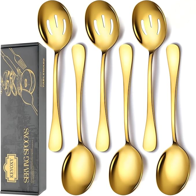 Stainless Steel Serving Spoons Set, 6pc, 10-Inch, Includes 3 Large, 3 Slotted, for Parties/Kitchen/Buffet/Catering, Dishwasher Safe, Gold