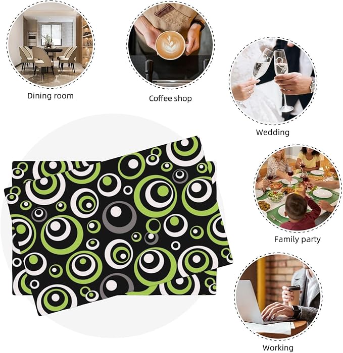 Black Green Geometric Circles Linen Placemats Set of 4, Washable Heat Resistant Green Table Mats for Dining Table Kitchen Wedding Farmhouse Party Coffee Shop, Modern Home Decor, 12" x 18" Place Mats