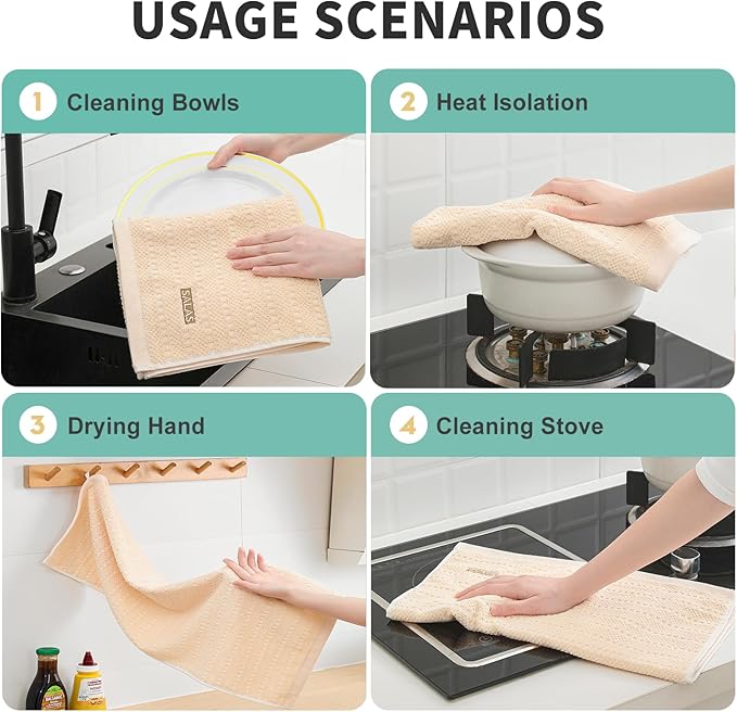 SALAS Kitchen Dish Towels, Bulk Cotton Kitchen Hand Towels, Black Plaid Dish Cloths Rags for Drying Dishes with Hanging Loop, 16‘’ x 26‘’, 3 Packs, Beige