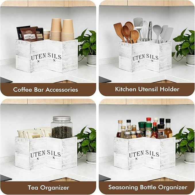 Extra Large Utensil Holder with 3 Compartments, Durable Wooden Utensil Organizer for Kitchen Countertop, Spatula and Spoon Holder Farmhouse Decor (White Grain)