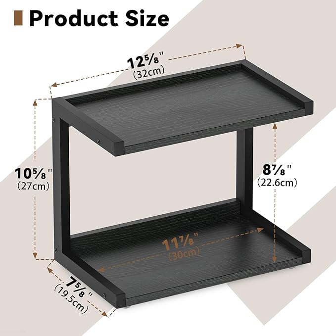 MARTY 2 Tier 12.6"x7.7" Counter Shelf Organizer Kitchen Spice Rack for Countertop, Coffee Station Organizer for Mugs Cups, Wood Shelf Desk Storage Organizer for Bathroom Home Office (Black)