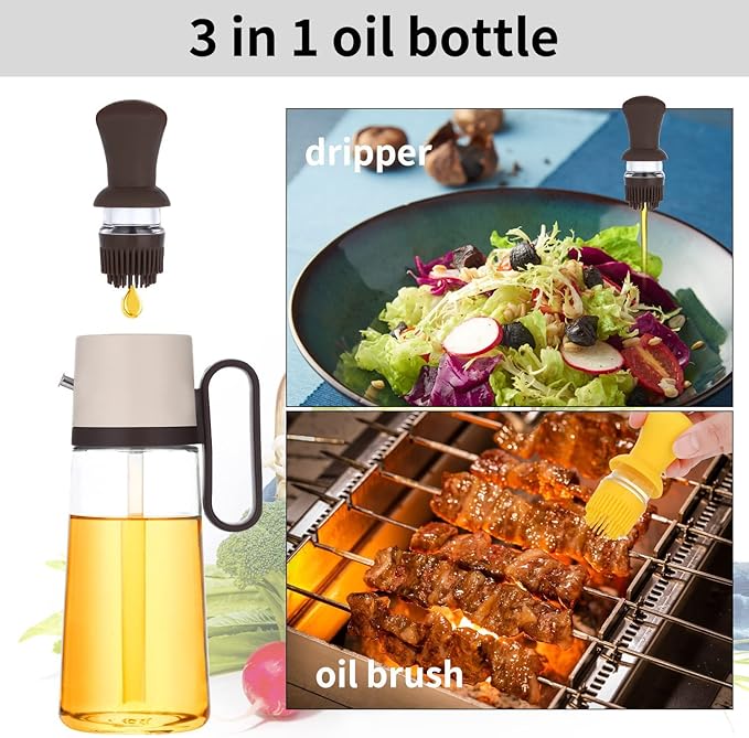 Glass Olive Oil Dispenser Bottle With Silicone Brush 3 In 1, Vinegar Soy Sauce Dispenser, Silicone Dropper Measuring Olive oil Sprayer Kitchen Gadgets for Cooking, Baking, BBQ Pancake, Air Fryer