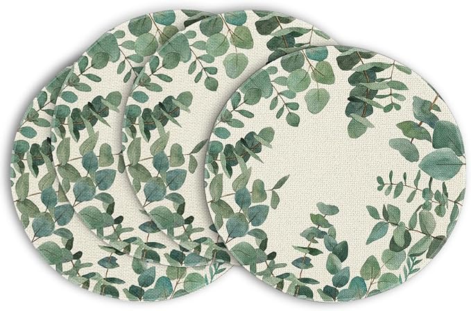 Artoid Mode Eucalyptus Leaves Summer Round Placemats Set of 4, 14 Inch Summer Round Table Mats for Dining Decoration