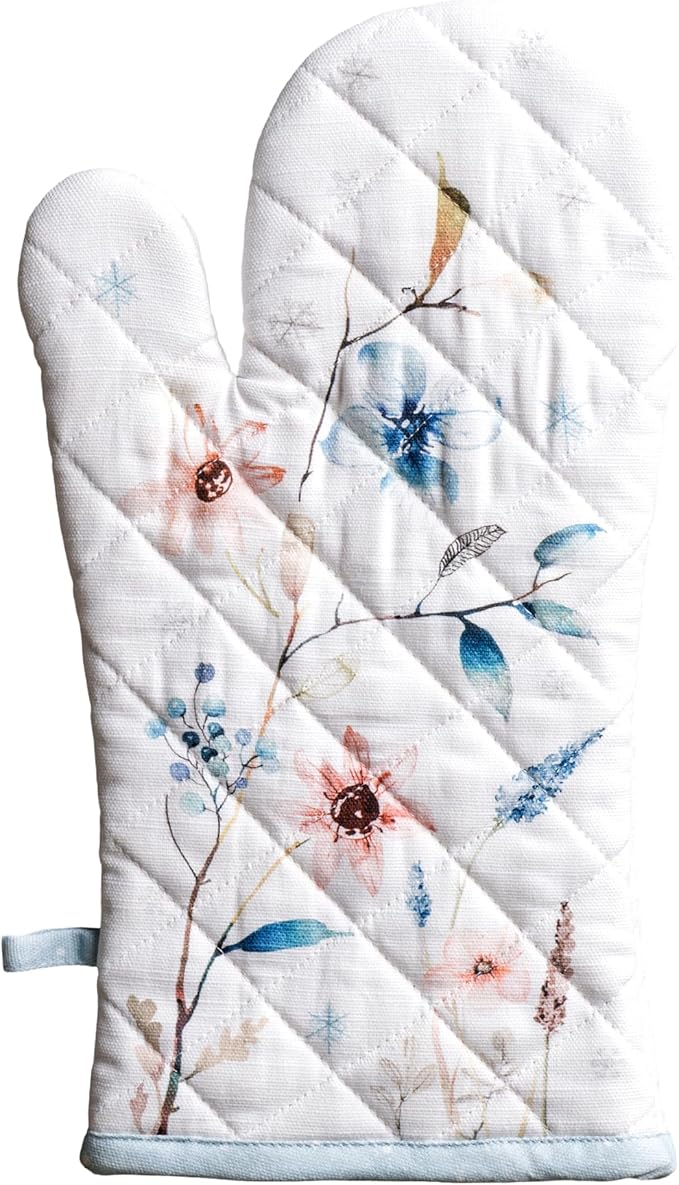 Maison d' Hermine Oven Gloves 100% Cotton Oven Mitt 7" x 13" with Loop Heat Resistant BBQ Cooking Gloves for Thanksgiving Christmas Decorations Baking Handling Hot Pans (Pack of 1, Ice Florals)