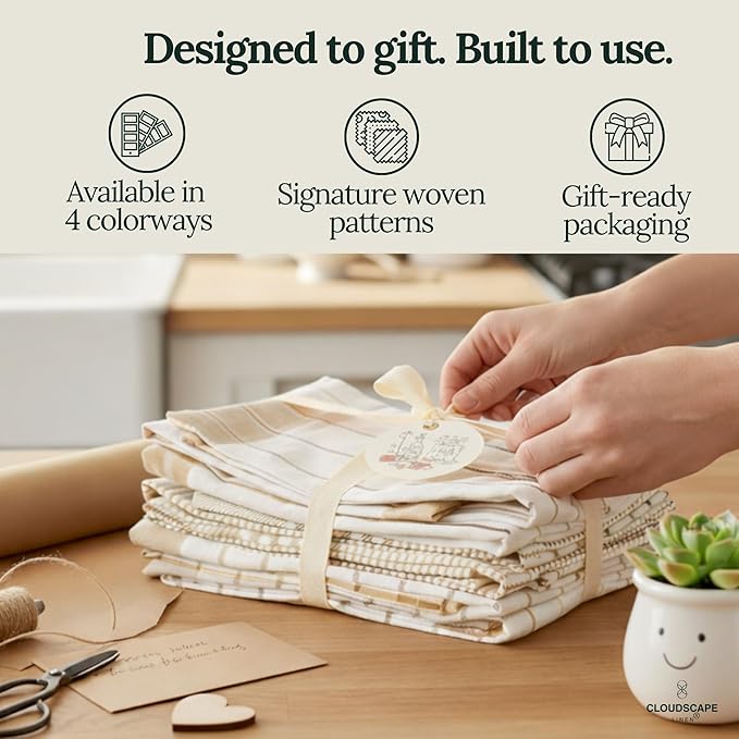 CLOUDSCAPE Kitchen Towels 12 Set 18”x28” Cotton Blended Hand Towels with Hanging Loop - Quick-Drying Dish Towels for Kitchen Essentials, Highly Absorbent, Dish Cloths Set for Washing Dishes - Beige