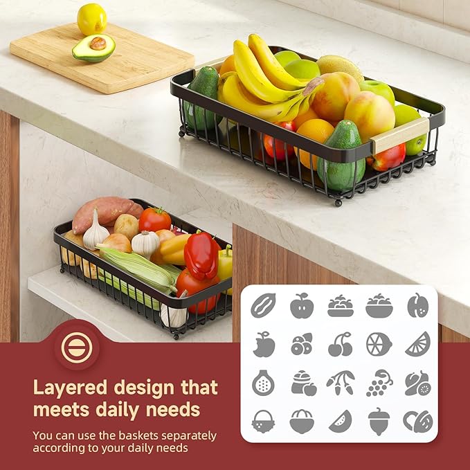 Sevenblue 2 Tier Large Fruit Basket for Kitchen Counter with 2 Mobile Banana Hangers, 2026 Pro Detachable Metal Fruit Bowl with Wooden Handle (Black, 2 Tier Extra Large)
