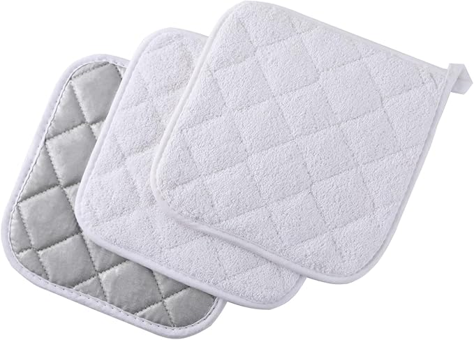 100% Cotton Basic Terry Collection Quilted，Pot Holder for Cooking and Baking，3 Piece. (French Blue)