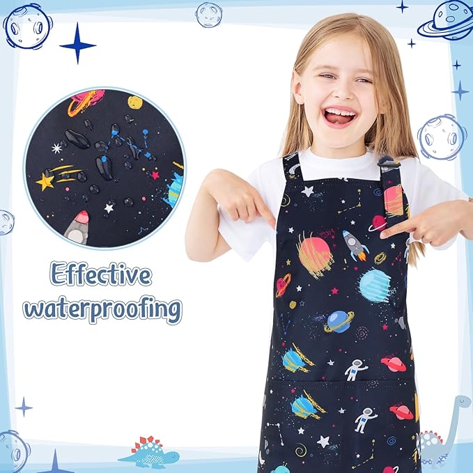 2 Pack Kids Apron, Cute Cooking Aprons, Waterproof Art Apron with Pockets, Toddler Painting Artist Apron Adjustable