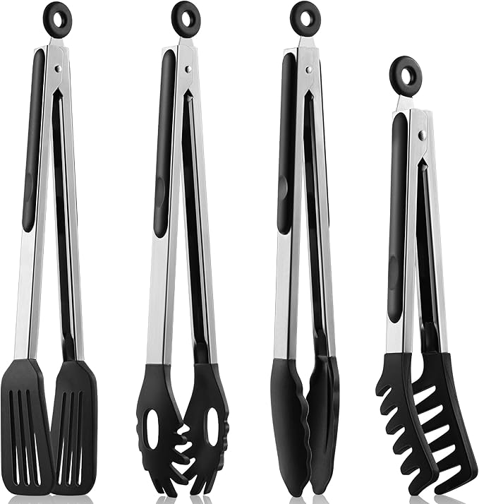 4 PCS Kitchen Tongs with Silicone Tips, 9 & 12-Inch Heat Resistant Silicone Tongs for Cooking Stainless Steel Spaghetti Tong Pasta Tong for Serving Food, Spaghetti, Pasta, BBQ, Salad (4PCS)