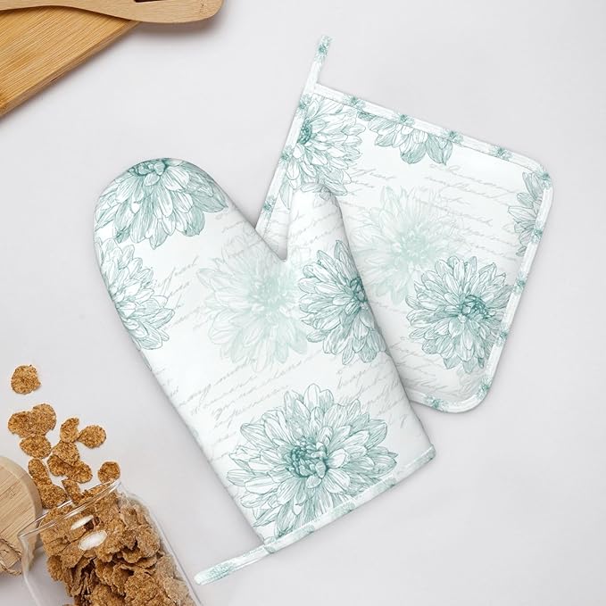 Oven Mitts and Pot Holders Flower Dahlia Line Art Vintage Silicone Kitchen Accessories Set of 2 Heat Resistant Long Gloves Potholder Non-Slip Grip for Chef Cooking,Baking,Grilling,BBQ