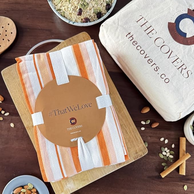 THE COVERS Premium 100% Cotton Kitchen Towels in Warm Apricot Spice Colors | Set of 6 Lavishly Large Towels (20.5”x30.5”) | Handy Hanging Loop for Drying | Arrives Gift-Ready, with a Signature Tote