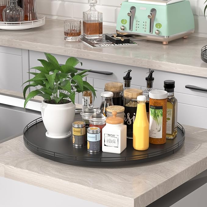 Oroyutor 21" Oak Wooden Lazy Susan Turntable for Dining Table, Extra Large Round Lazy Susans Organizer for Kitchen Countertop Charcuterie Boards Cheese Board Organization and Storage Black Home Decor