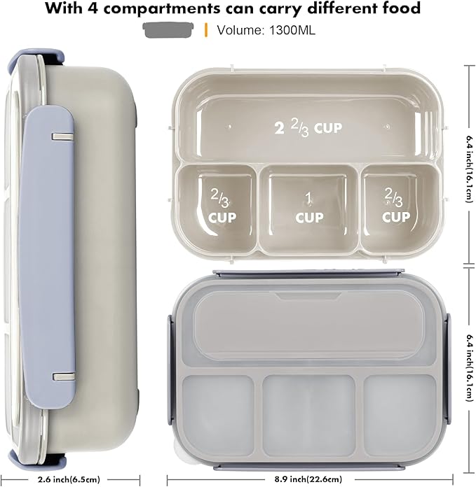 Yumuk Bento Box Adult, Lunch Box Containers for Adults Men Women, 5 Cup Bento with 4 Compartments &Spork &Sauce Box, Leak-Proof, Microwave/Dishwasher Safe(Beige)