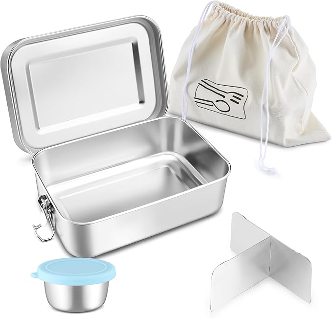 HaWare Lunch Box, 47oz (1400ml) Large Stainless Steel Bento Box with Condiment Container and Carrying Bag, 3 Compartment Food Container for Kids and Adults, Leak-Proof Metal Snack Box, Dishwasher Safe