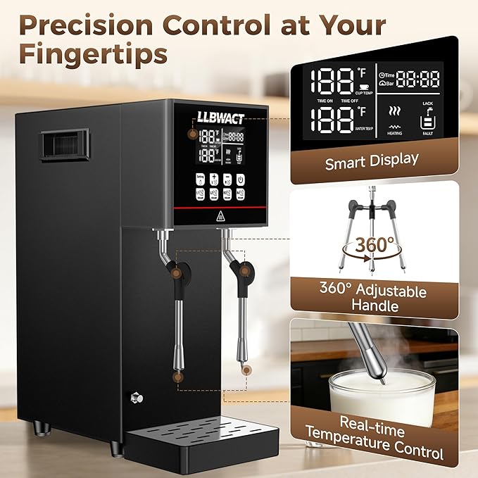Dual-Head Commercial Steam Milk Frother, 2 Independent Wands, 15s Fast Frothing, 2000W 8L Continuous Steam, Independent Temp Control with LED Display for High-Volume Coffee Shop Restaurant