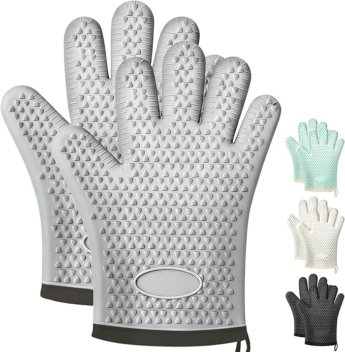 2Pack Heat Resistant Oven Mitts for Grilling and Baking, Non-Slip Silicone Gloves, Waterproof Kitchen Mitts with Flexible Fit & Easy to Clean Design, Gray