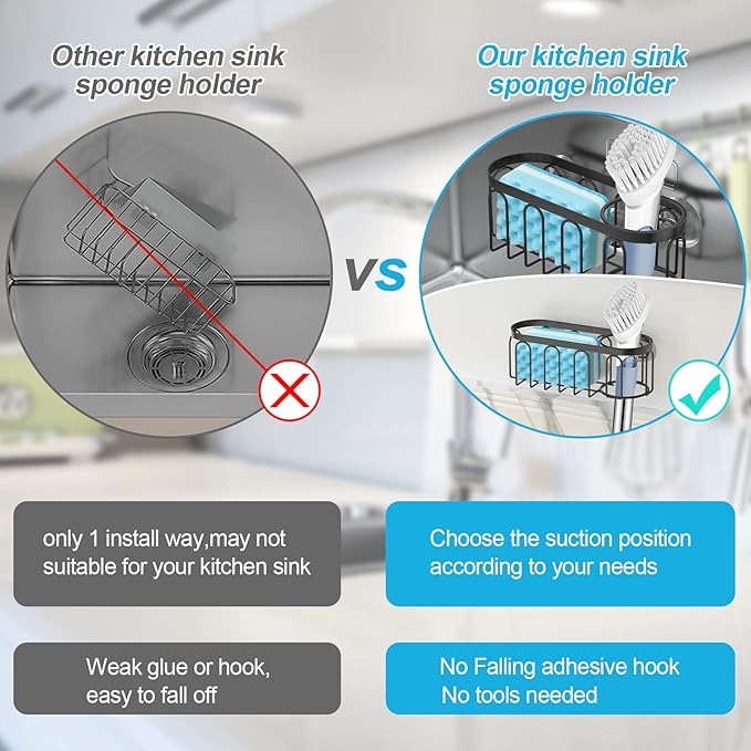 Yazoni 2-in-1 Sponge Holder for Kitchen Sink, Sink Caddy Kitchen Sink Organizer with 3 Suction Cups, No Drill Rustproof Sink Sponge Holder for Dish Brush, Soap & Sponge (Black)