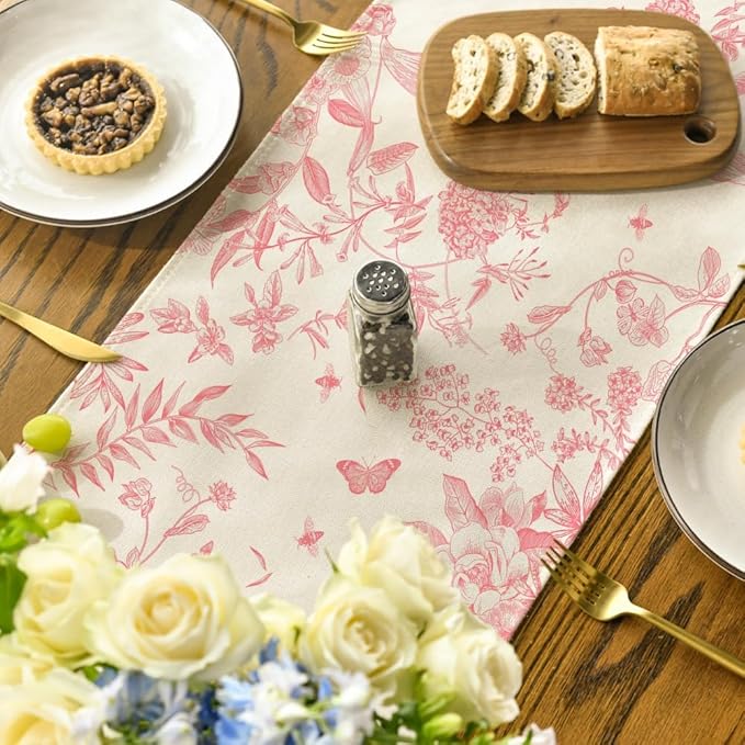 Artoid Mode Pink Monochrome Sketch Birds Flowers Spring Table Runner, Seasonal Summer Kitchen Dining Table Decoration for Home Party Decor 13x72 Inch