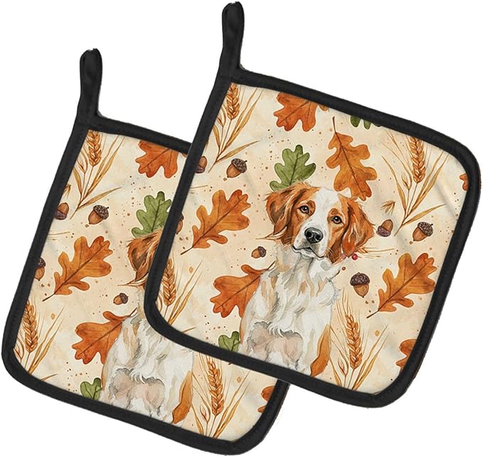 Caroline's Treasures Orange and White Brittany Heirloom Fall Pair of Pot Holders Pair 7.5x7.5 Quilted Insulated Hot Pads Decorative Kitchen Gift Made in USA