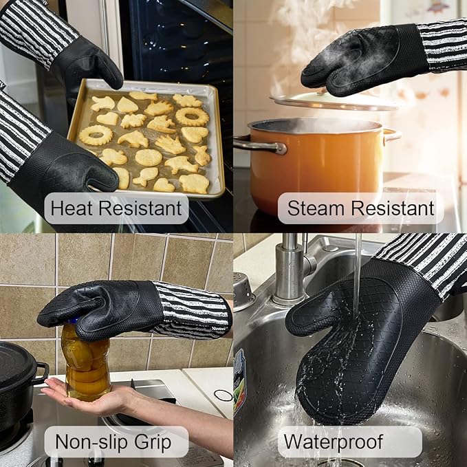 Alselo Silicone Oven Mitts Heat Resistant 932℉ with Waterproof & Non-Slip Kitchen Mittens, Set of 2 Extra Long Oven Gloves with Soft Cotton Terry Lining for Baking Cooking Barbecue (2, Black Mitts)