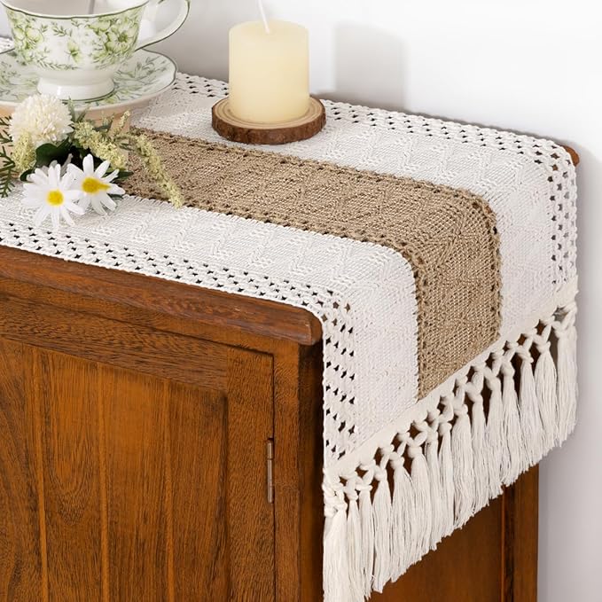 Socomi Boho Table Runner Easter Spring Farmhouse Rustic Dining Kitchen Centerpiece Decor Small Macrame Woven Cotton Linen Coffee Table Runner for Dresser Scarf Home Decor 12x36 inch