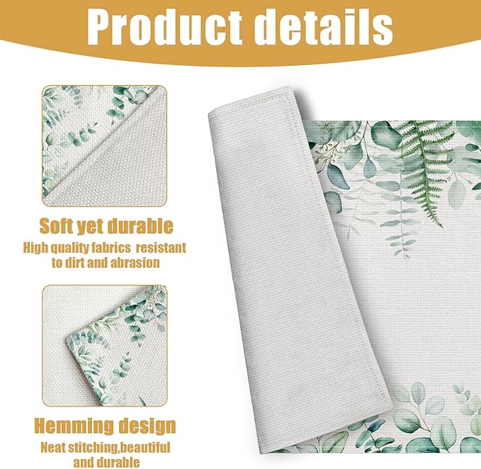 Eucalyptus Leaves Placemats Set of 6, Sage Green Linen Place Mat Washable Stain Resistant Table Mats for Farmhouse Kitchen Dining Party Wedding Decor 12x18 Inch