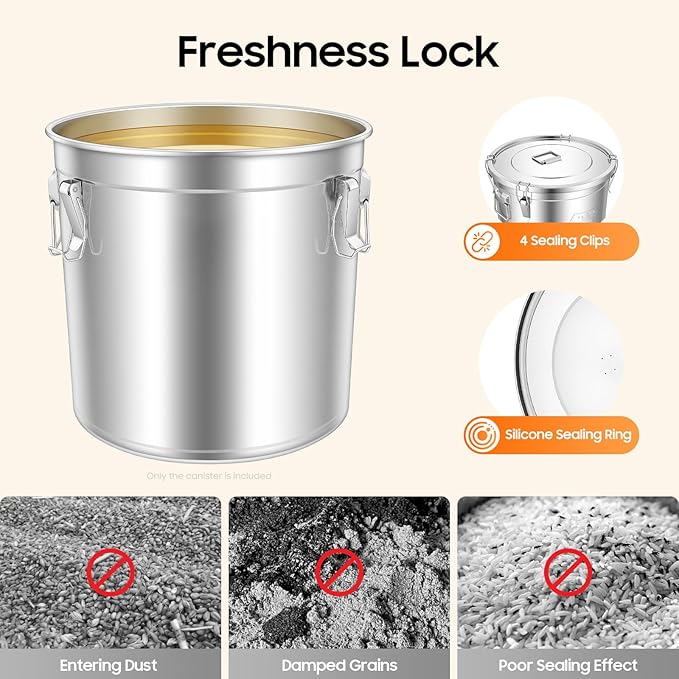 12.7Gal Stainless Steel Canister with Airtight Lid 58-73Lbs Flour Storage Containers for Kitchen Metal Rice Bucket Coffee Canister Dog Food Container Milk Can w/Handles&Sealing Buckles (48L)