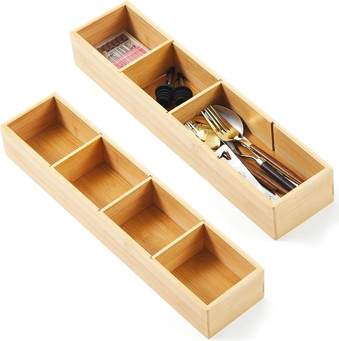 Hushee 2 Pcs Bamboo Drawer Organizer with 3 Removable Dividers 17.5 x 4 x 2.5 Inch Bamboo 4 Compartment Organizer Tray for Bathroom Kitchen Tableware Office Supplies Cosmetics Classification